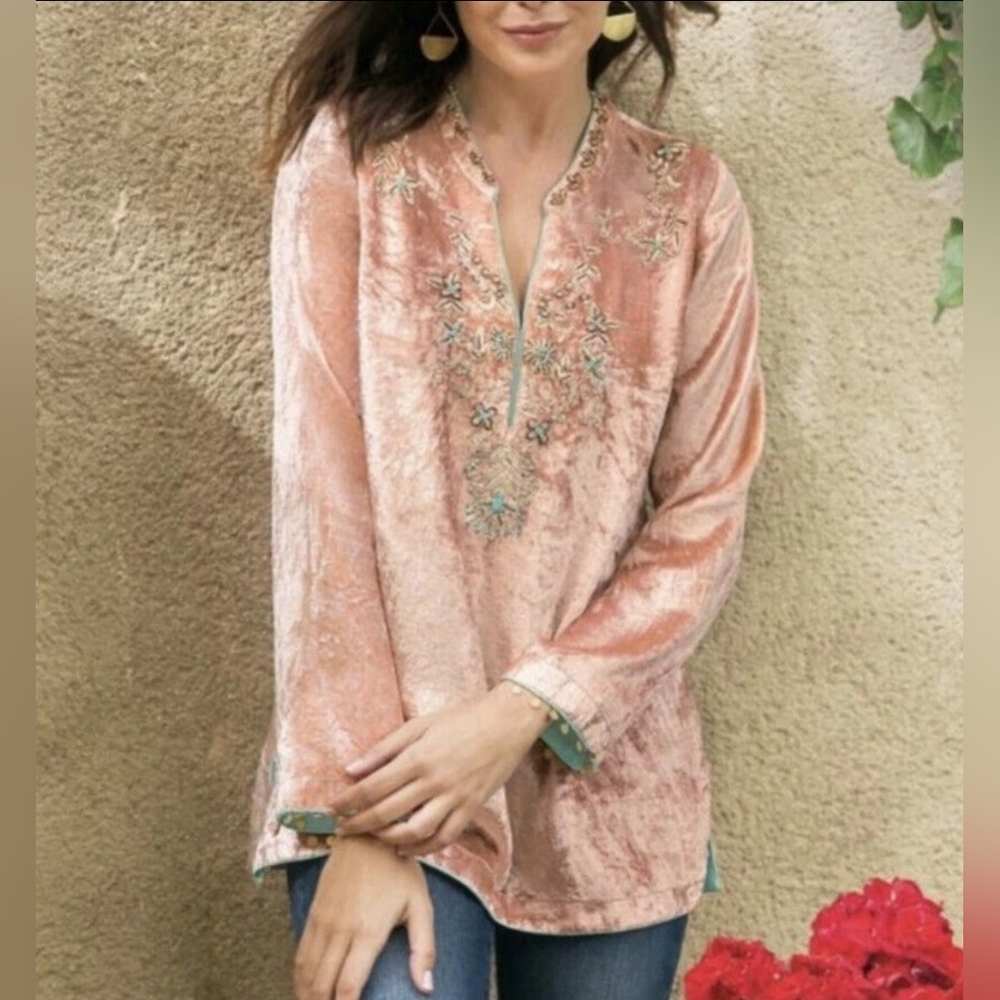 Soft Surroundings Velvet Moroccan Boho Beaded Embellished Blouse sz PM NWT